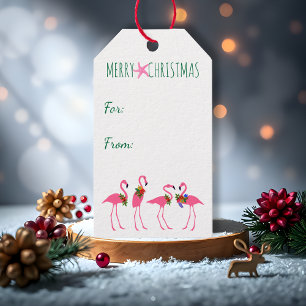 Etiqueta Para Presente Laço festivo do Natal dos flamingos sobre