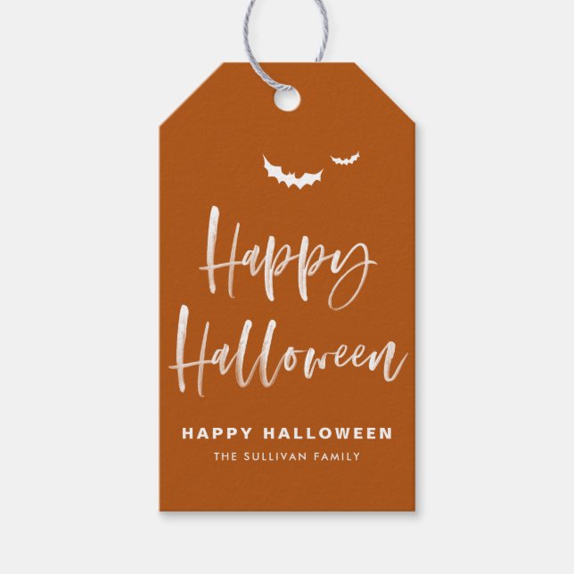Etiqueta Para Presente Laranja Queimado Feliz Dia das Bruxas Pincel Calig (Frente)