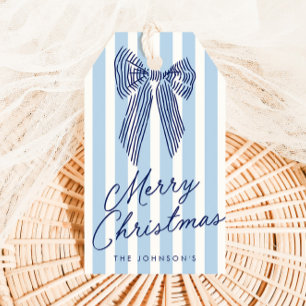 Etiqueta Para Presente Lazo Azul e Branco de Natal Alegre