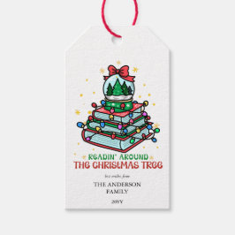Etiqueta Para Presente Leitura de Livros Festivos ao Redor da Árvore de N