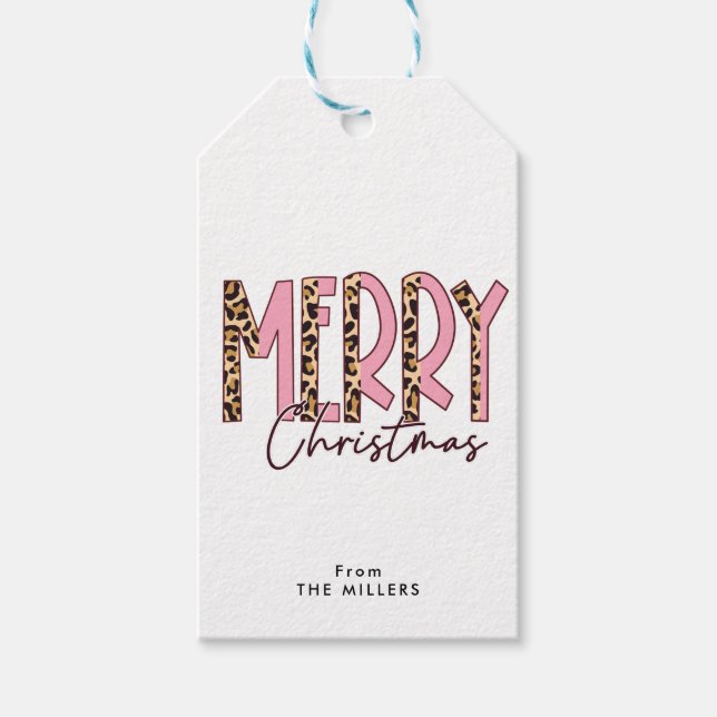 Etiqueta Para Presente Leopardo e Letras Rosa Padrão Feliz Natal (Frente)