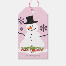 Etiqueta Para Presente Linda Família de Boneco de Neve e Flocos de Neve d