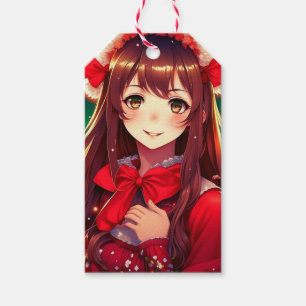 Etiqueta Para Presente Linda Garota de Anime em Natal Vermelho Festivo