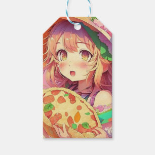 Etiqueta Para Presente Linda Garota de Anime Segurando uma Pizza