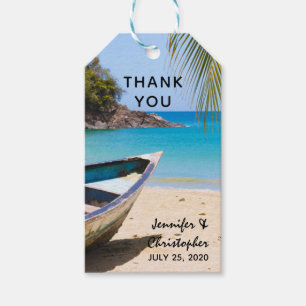 Etiqueta Para Presente Linda praia tropical com um barco de remo Obrigado