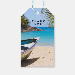 Etiqueta Para Presente Linda Praia Tropical com um Rowboat Obrigado