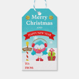 Etiqueta Para Presente Lindo Pássaro Azul Festivo de Chapéu de Papai Noel
