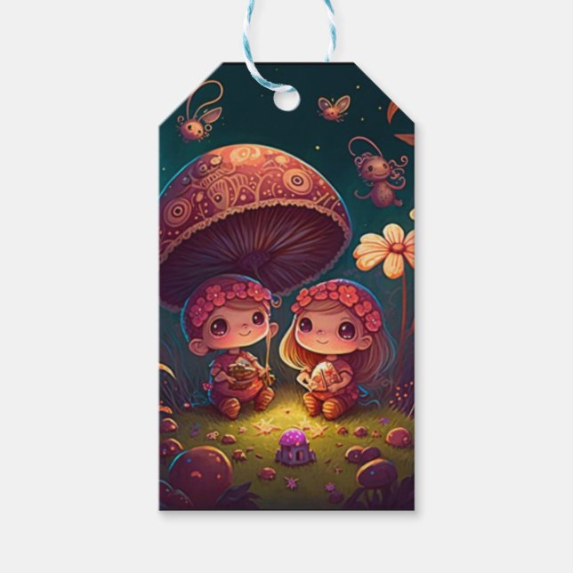 Etiqueta Para Presente Lindos elfos brincam sob cogumelos (Frente)