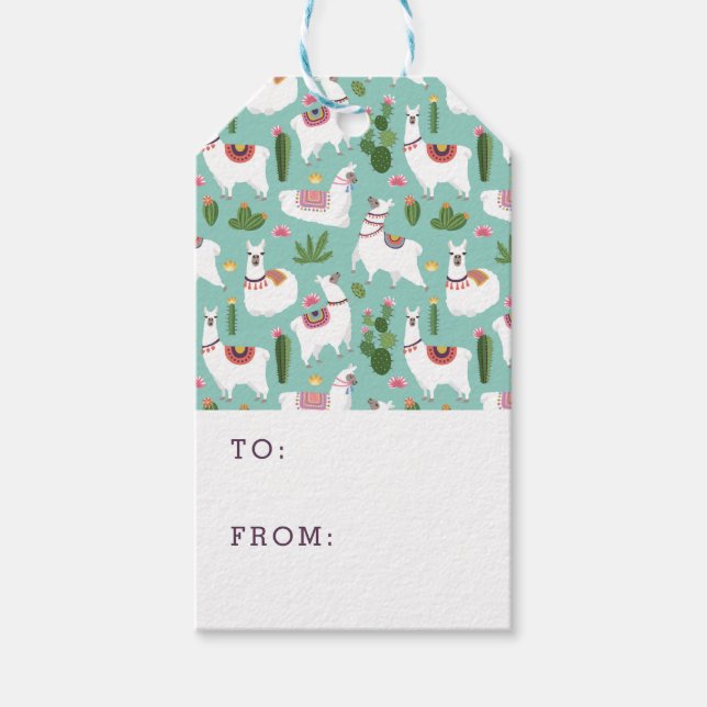 Etiqueta Para Presente Llamas Cutas Em Padrão Teal (Frente)