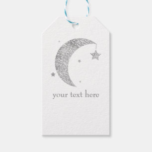 Etiqueta Para Presente Lua e Estrelas Prateado e Branco Chuvada de Bebê C