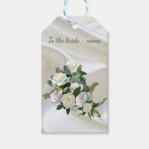 Etiqueta Para Presente Luxuoso, Branco, Seda Fluindo & Rosas Brancas.