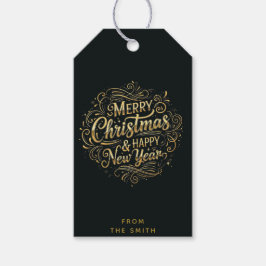 Etiqueta Para Presente Luxuoso Merry Christmas em Script Preto e Dourado 
