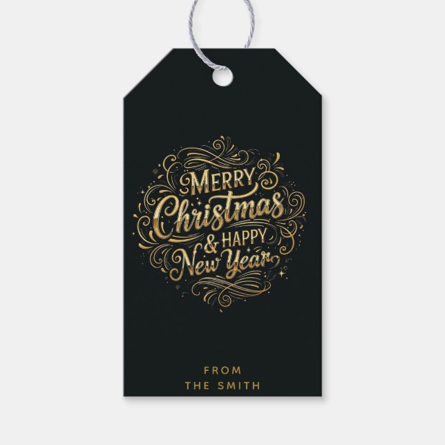 Etiqueta Para Presente Luxuoso Merry Christmas Script Preto e Dourado  (Frente)