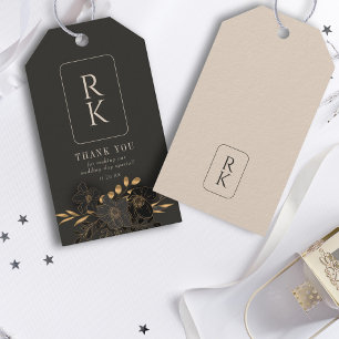 Etiqueta Para Presente Luxuoso Monograma Floral Dourado Obrigado Casament
