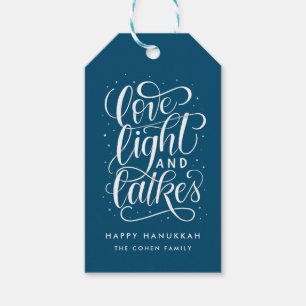 Etiqueta Para Presente Luz e Latkes do amor em Hanukkah azul
