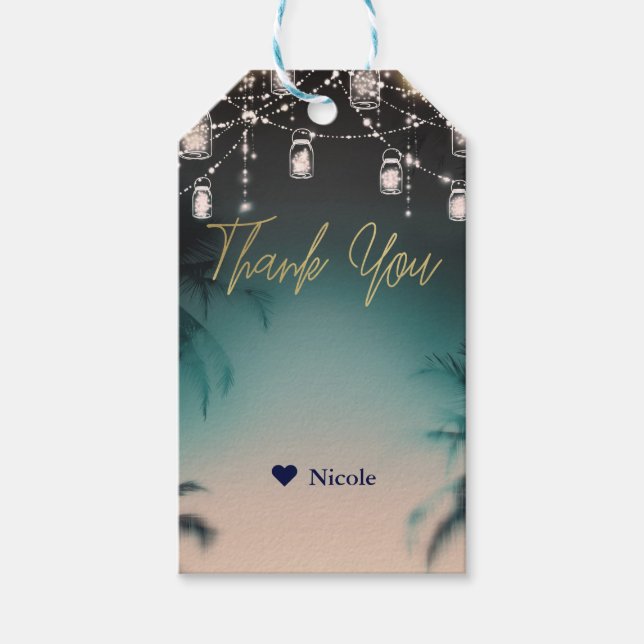 Etiqueta Para Presente Luzes Brilhantes Palmeiras Casamento de Praia Eleg (Frente)