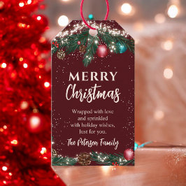 Etiqueta Para Presente Luzes de Natal esfestivas galhos de pínus vermelho
