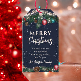 Etiqueta Para Presente Luzes de Natal estivas galhos de pinheiro azul