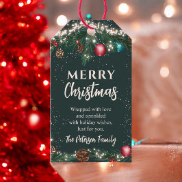 Etiqueta Para Presente Luzes de Natal festivas galhos de pinheiro verde-n