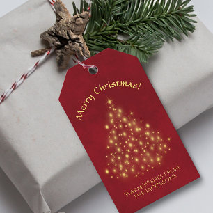 Etiqueta Para Presente Luzes Douradas de árvore de Natal alegres no Verm