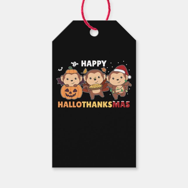 Etiqueta Para Presente Macacos de Natal Feliz Hallothanksmas (Frente)