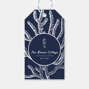 Etiqueta Para Presente Mágica Marinha: Coral Azul e Branco e Cavalo Marin