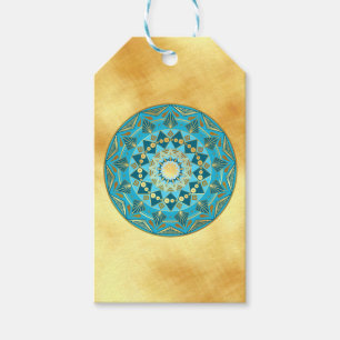 Etiqueta Para Presente Mandala azul dourado em Fundo Dourado Suave