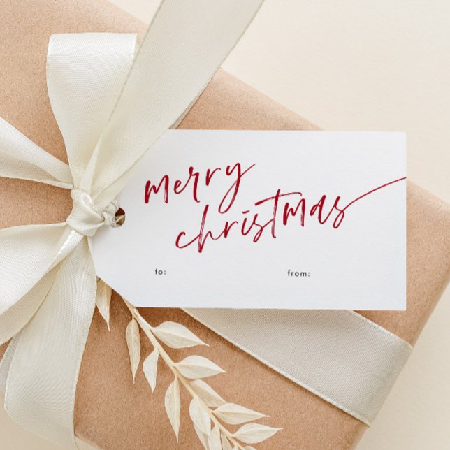 Etiqueta Para Presente Manuscrito Mínimo Simples Feliz Natal (Simple red and white modern script merry christmas gift tag with hand-drawn stripe pattern on back.)