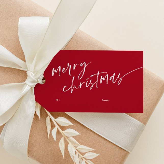 Etiqueta Para Presente Manuscrito Mínimo Simples Feliz Natal (Simple red and white modern script merry christmas gift tag with hand-drawn stripe pattern on back.)