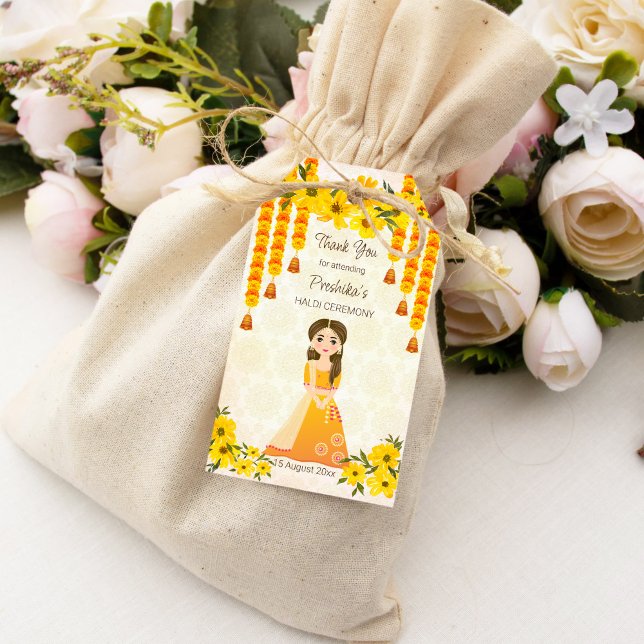 Etiqueta Para Presente Marigolds linda indiana Haldi personalizada (Marigolds cute Indian girl Haldi personalized Gift Tags)