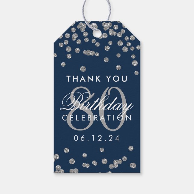 Etiqueta Para Presente Marinho Azul 80 Aniversário Obrigado Brilhante (Frente)