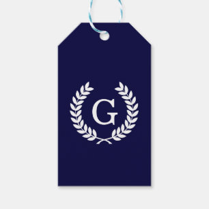 Etiqueta Para Presente Marinho Azul Wheat Laurel Wreath Monograma Inicial