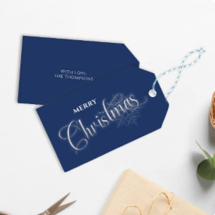 Etiqueta Para Presente Marinho de Manuscrito de Natal Feliz Floco de Neve