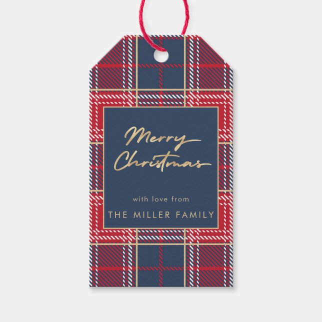 Etiqueta Para Presente Marinho Red Tartan Xadrez Faux Dourado Elegante (Frente)
