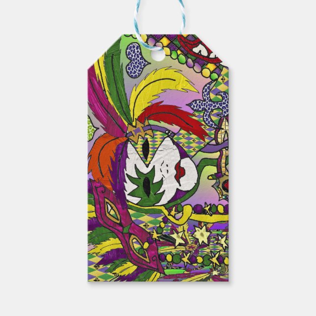 Etiqueta Para Presente Máscara de pena de Mardi Gras Psicodélica (Frente)