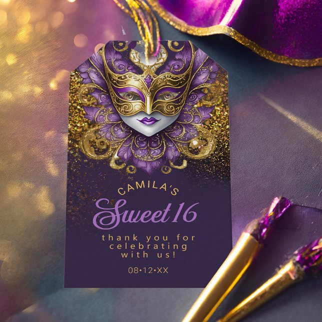 Etiqueta Para Presente Mascarada Sweet 16 Roxo Dourado V2 ID1032 (Criador carregado)