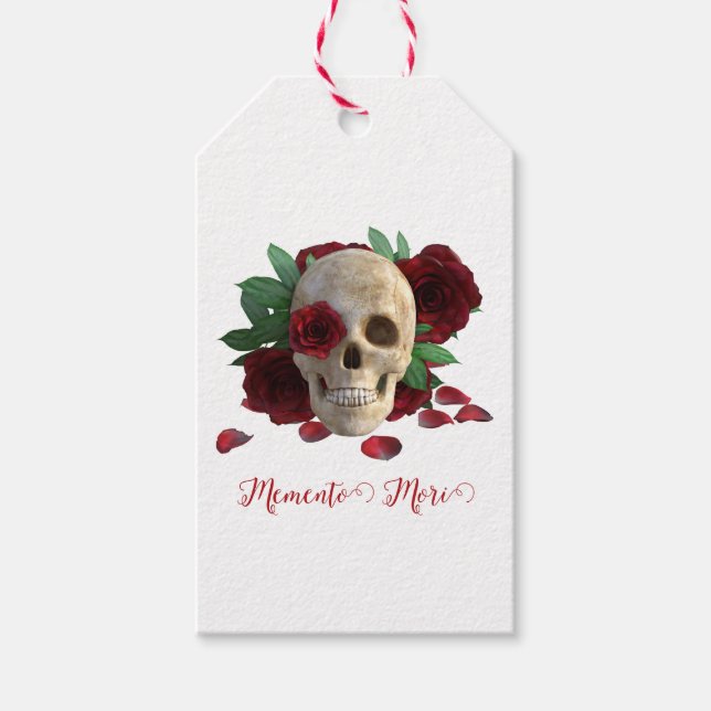 Etiqueta Para Presente Memento Mori. Caveira com rosas vermelhas (Frente)