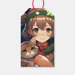 Etiqueta Para Presente Menina Anime Fofa Segurando um Gatinho Natal