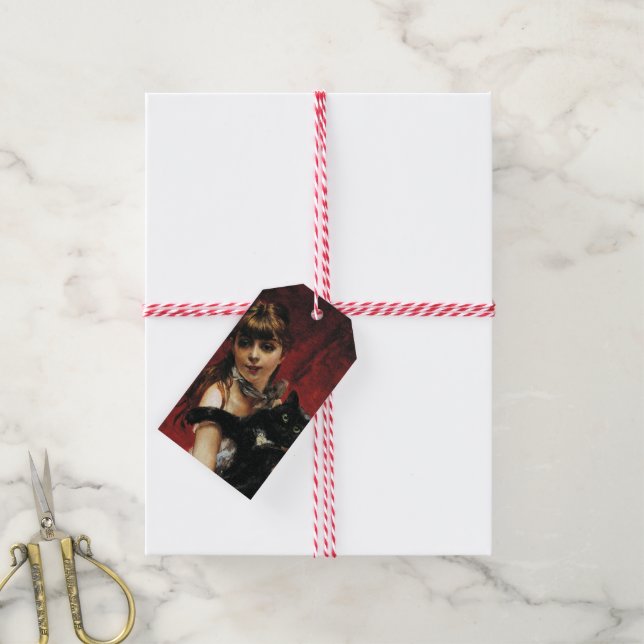 Etiqueta Para Presente Menina com um Gato Preto nos Braços (Com cordão)