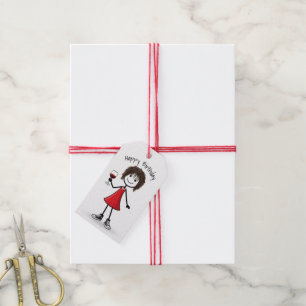 Etiqueta Para Presente Menina de palito de aniversário com copo de vinho