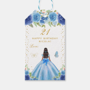 Etiqueta Para Presente Menina de Pele Morena com Floral Azul Feliz Aniver