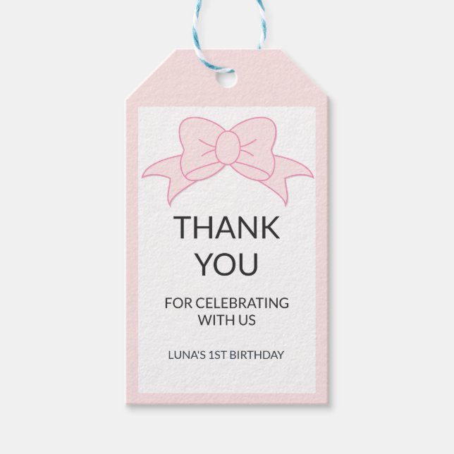 Etiqueta Para Presente Menina do Laço Rosa Crianças 1º Aniversário (Frente)