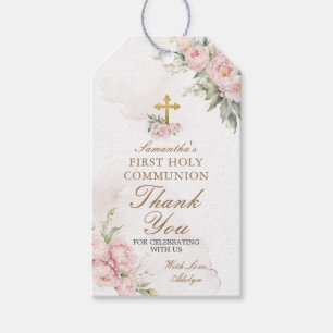 Etiqueta Para Presente Menina Floral Rosa, Primeira Sagrada Cruz Dourada