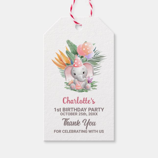 Etiqueta Para Presente Menina Fofa Elefante 1º Aniversário Obrigado (Frente)