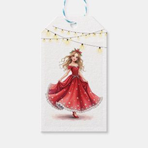 Etiqueta Para Presente Menina loira aquarela dançando em um vestido verme
