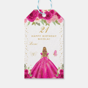Etiqueta Para Presente Menina Loira de Cabelo Floral Rosa Vibrante Feliz