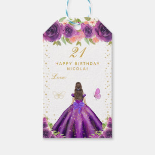 Etiqueta Para Presente Menina Morena de Cabelo com Floral Roxo Feliz Aniv