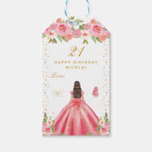 Etiqueta Para Presente Menina Morena de Cabelo Floral Rosa Feliz Aniversá