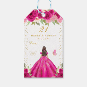 Etiqueta Para Presente Menina Morena de Cabelo Floral Rosa Vibrante Feliz