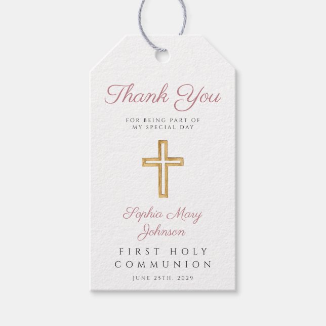 Etiqueta Para Presente Menina Rosa Religiosa Tira Rosa Primeira Comunhão (Frente)